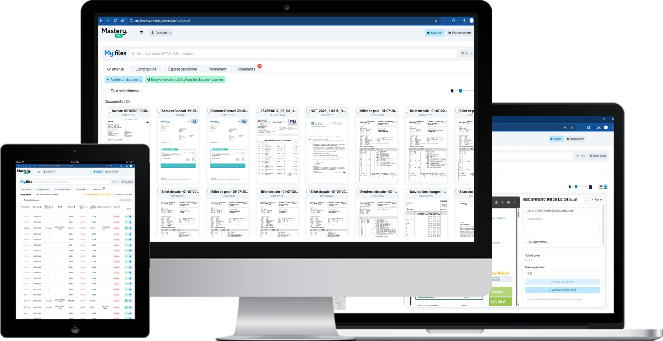 My.files : grille des documents reçus, tableau des paiements et volet de mise en paiement, sur ordinateur, portable et tablette