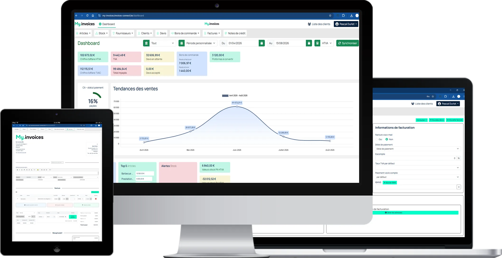 My.invoices : tableau de bord, écran d’édition d’une facture et informations de facturation, sur ordinateur, portable et tablette