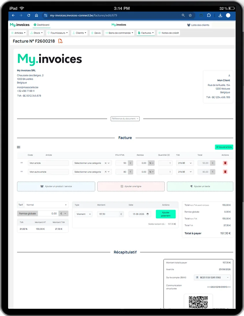 My.invoices : écran d’établissement d’une facture, affiché sur tablette